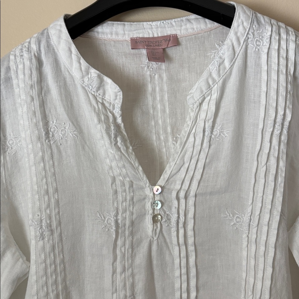 saint Tropez West white embroidered tunic 100% linen size L - Picture 3 of 8